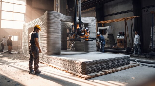 robotic 3D concrete printer constructing a modern house, layered texture of printed concrete, workers supervising the process, natural daylight