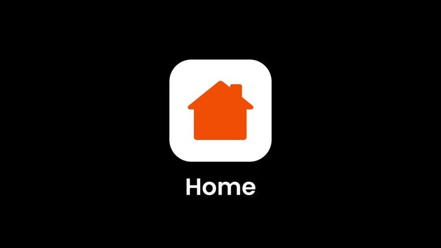 A dark background app icon showing a white rounded square with an orange house symbol labeled Home representing a smart home control application