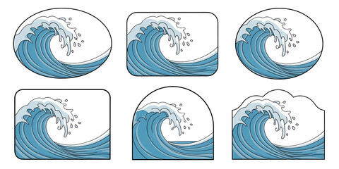 Naklejka premium Set of six dynamic curved ocean waves crashing in vibrant blue tones isolated on transparent background