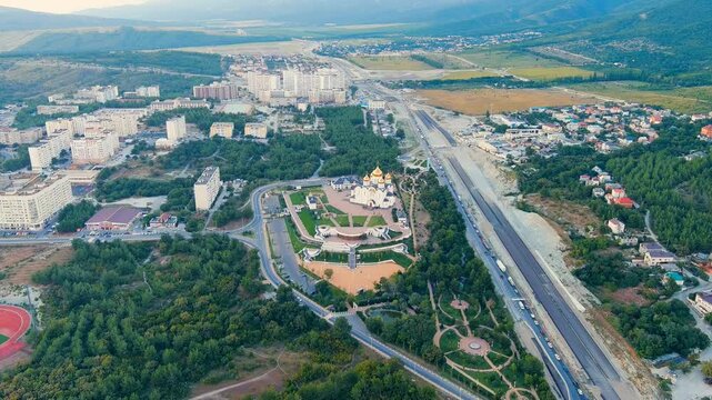 Gelendzhik, Russia. Cathedral of St. Andrew the First-Called. Andreevsky park. Drone footage