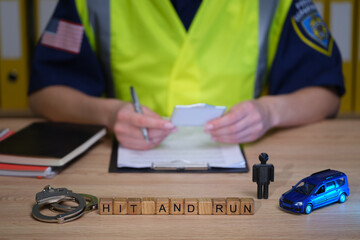 A police officer in a reflective vest takes notes about a hit and run case. On the desk, a toy car and handcuffs symbolize the seriousness of the situation. © H_Ko