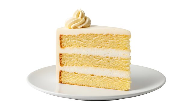 A slice of yellow cake with white frosting on a white plate isolated on white background