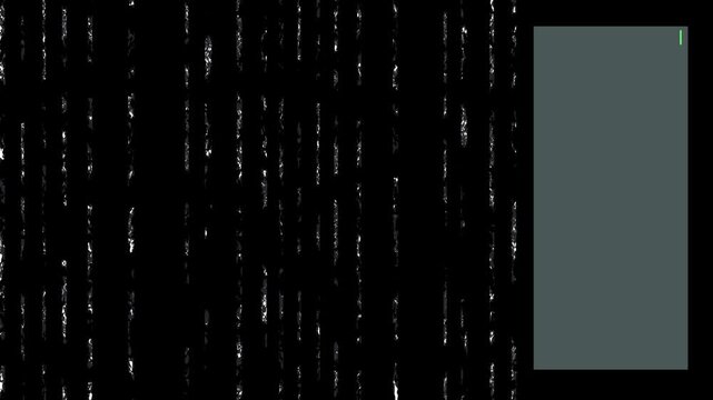 Vertical stripes scroll across a black background, mimicking a mysterious electronic code or cipher. Next to it is a frame with a blinking text cursor.