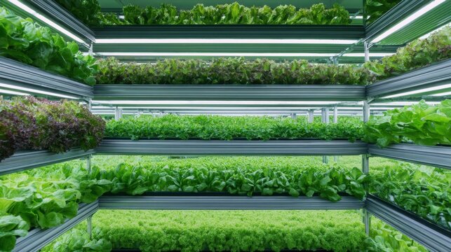 vertical hydroponic farm with fresh greens under LED lighting, sustainable agriculture concept, photorealistic, no text, no logo