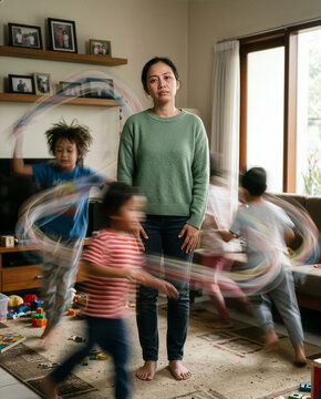 Tired mother standing still while her children run around playing with motion blur in the living room