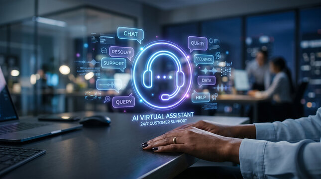Customer support AI and virtual assistant with glowing headset icon.