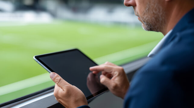 Faceless coach working beside a window with a tablet, reviewing football match tactics and player positions, representing sports data science and team research, defocused field bac