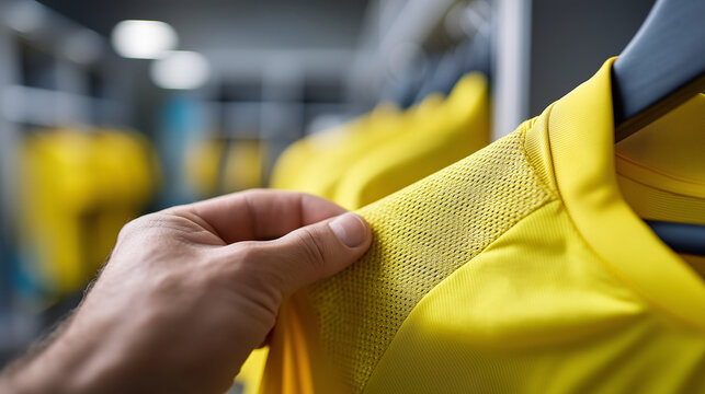 Extreme macro of a hand touching the breathable technical fabric of a vibrant yellow sports jersey, representing apparel quality and fan merchandise, defocused locker room backgrou