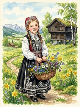 Smiling Norwegian Girl in Traditional Bunad Holding Basket of Wildflowers in Spring Meadow