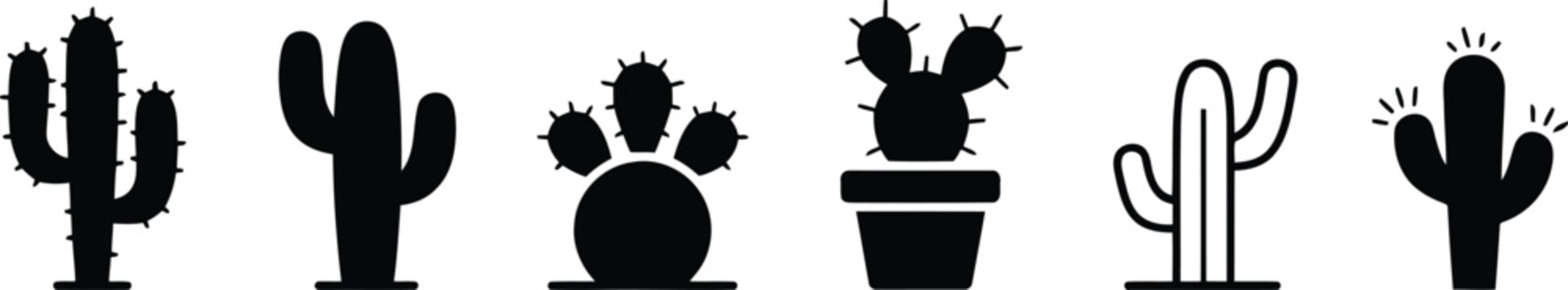 Black and white silhouette collection of various desert cacti and succulents