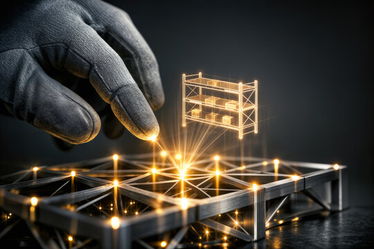 Physical AI glove poised over glowing titanium lattice projecting holographic warehouse shelf symbolizing robotics automation and industry 4.0 supply chain innovation