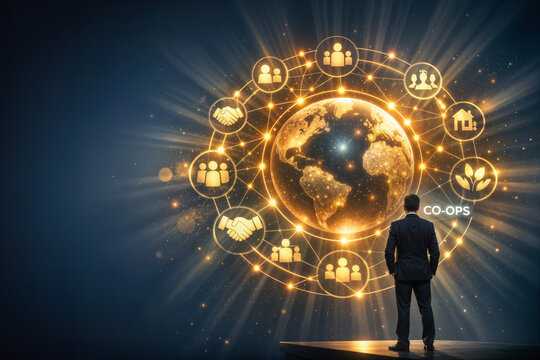 International Day of Co-operatives conceptual illustration with lone figure facing glowing global cooperative network symbolizing shared prosperity equality and collective progress