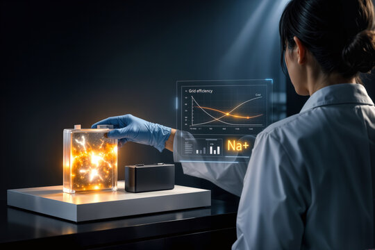 Sodium-ion battery prototype on plinth with scientist placing prismatic glowing salt-structured cell beside inert lithium-ion cell and Na+ holographic grid efficiency display laboratory innovation