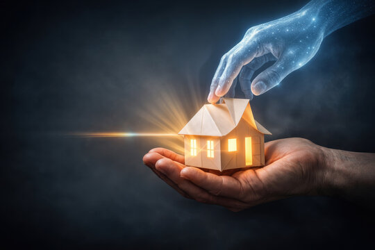 World Humanitarian Day glowing origami house cradled by human hand as translucent blue energy hand unfolds shelter symbolizing humanitarian aid protection and hope