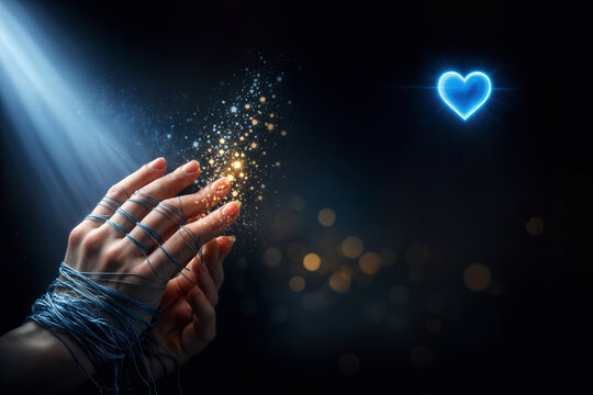 Blue Heart Campaign human trafficking awareness image July 30 UNODC modern slavery liberation hands breaking invisible bonds blue thread dissolving into particles symbolizing freedom reclaimed