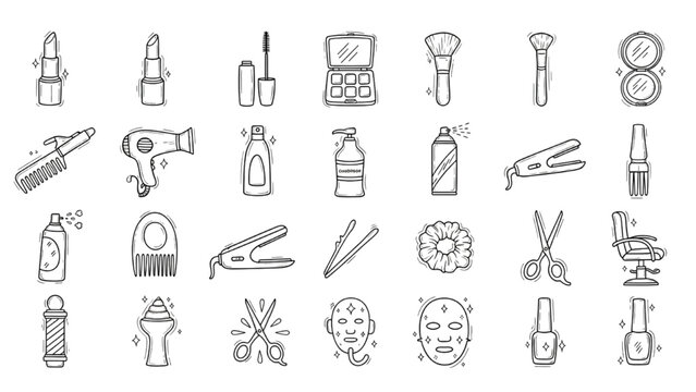 Cosmetic tools and accessories: A comprehensive collection of beauty and grooming essentials, meticulously illustrated to represent the tools of the trade.