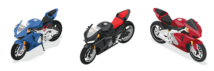 Isometric flat vector set of a sleek sports motorcycle, minimal detail, white background, no outlines © Haris Lost