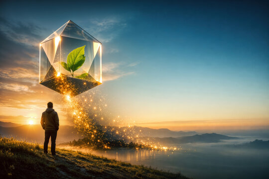 International Day Against Nuclear Tests 29th August symbolic glass prism with flourishing leaf and silhouette on ridge for nuclear disarmament peace awareness hope future sustainability