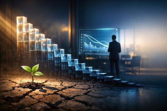 Birth rate decline visual metaphor with single sapling beside descending luminous glass population curve and business silhouette analyzing declining labor force holographic chart
