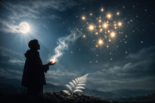 Matariki Maori New Year silhouette renewing ancestral connection with silver fern frond and glowing star cluster remembrance renewal lunar calendar tradition New Zealand