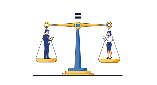 Man and woman in business attire stand on balanced scales to represent gender equality and fair treatment in the workplace environment.