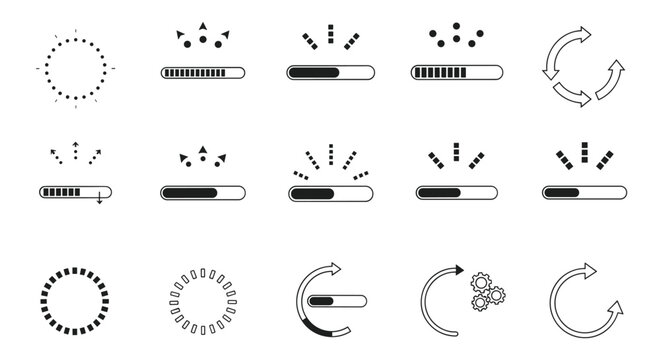 Comprehensive set of black and white loading icons, progress bars, and buffering symbols is designed for user interface and web design.