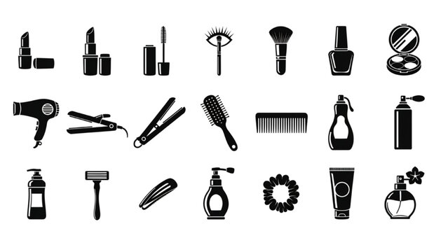 Beauty Essentials Collection: An elegant arrangement of beauty tools and cosmetics. From lipstick to hairspray, this illustration captures the essential components for a flawless look. 