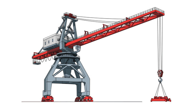Massive industrial port crane with a red and grey structure is used for lifting heavy shipping containers in a busy maritime terminal.
