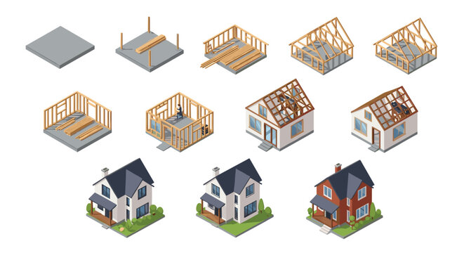 Isometric diagrams showing the step-by-step evolution of building a modern residential house from foundation to finish.