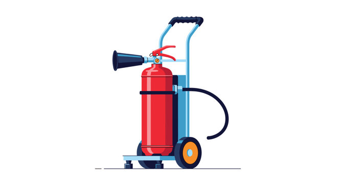 Mobile fire extinguisher on heavy duty wheeled cart, emergency safety equipment for rapid response in large facilities or factories.