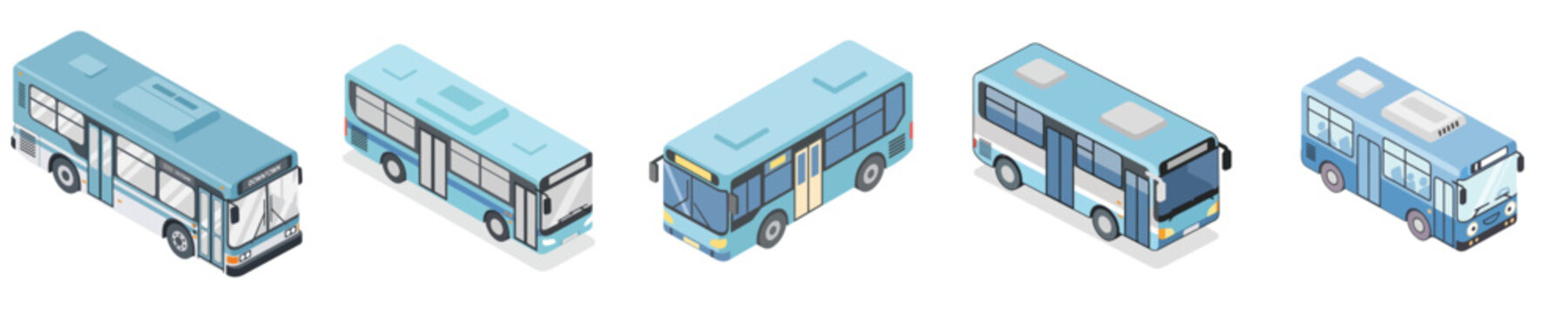 Simple isometric flat design of a city bus with soft colors, isolated on white background, no stroke