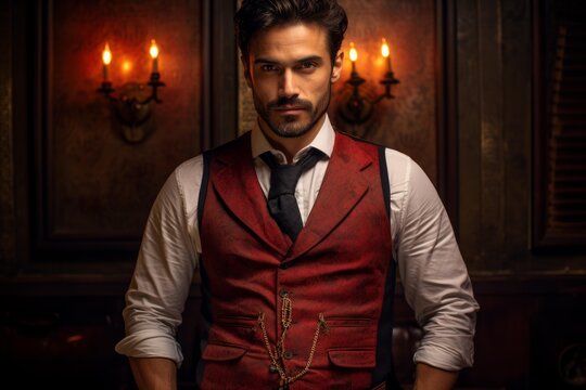 Man wearing an old fashioned vest and tie in a dimly lit setting with candlelight