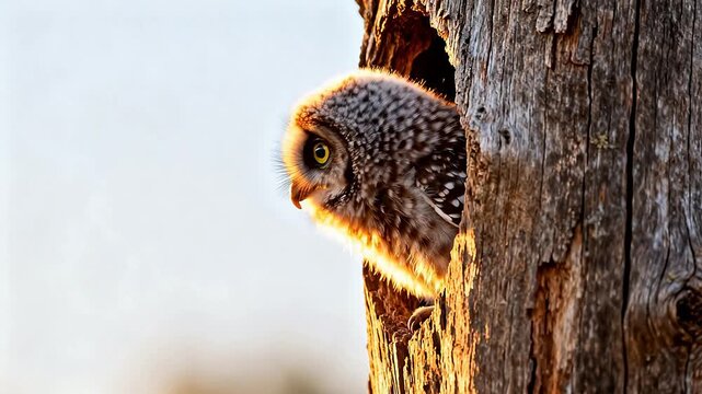 Owl peeking from tree hollow