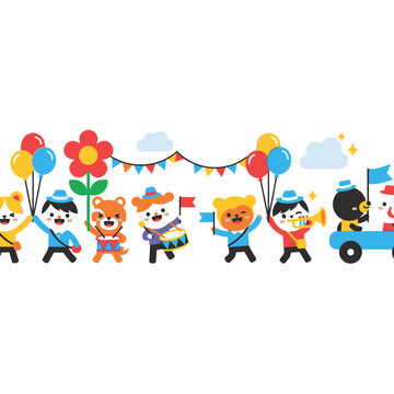 Cute cartoon animals and children in a cheerful parade with balloons, flags, and music.