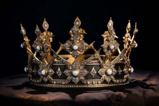 Elaborate gold crown adorned with diamonds and pearls, symbolizing monarchy and wealth