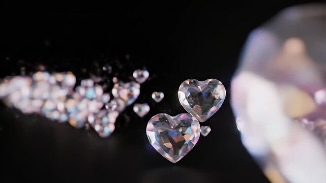 Sparkling heart shaped crystals on a dark reflective surface
