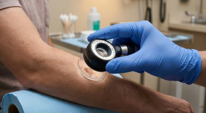 Dermatologist performing a skin examination on a patient's back or arm using a handheld dermatoscope, representing melanoma screening and skin cancer detection