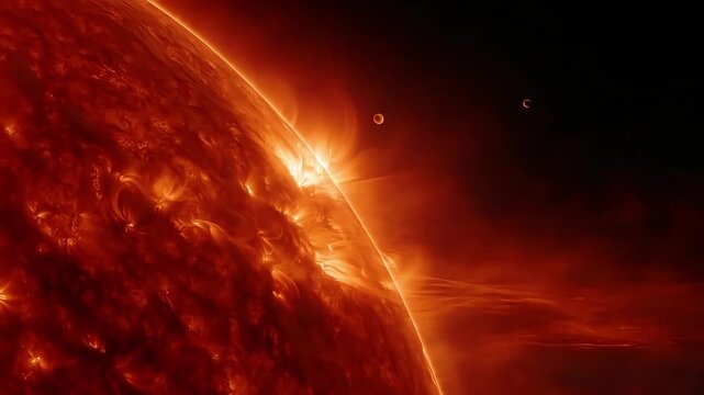 A captivating view of the sun's surface with two small planets, evoking feelings of awe and wonder, suitable for science articles or space-themed mark