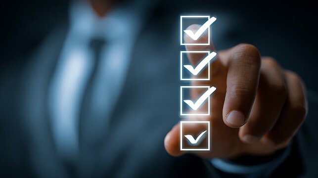 A businessman in a suit checks virtual boxes with his finger in a dark room.