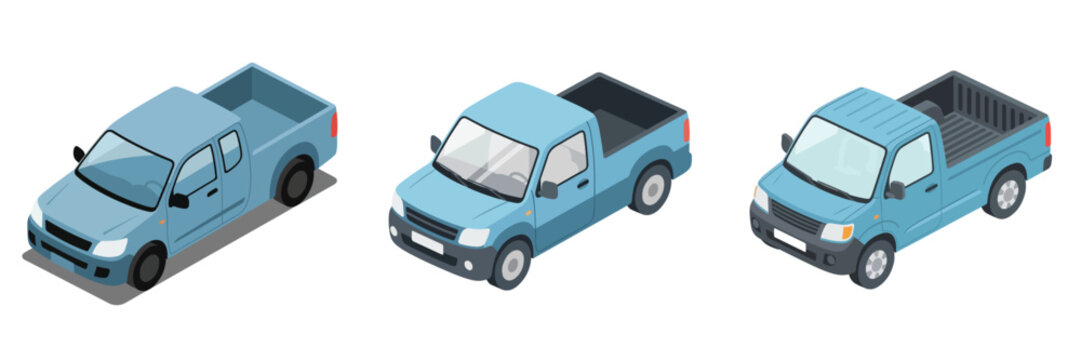 Three blue pickup trucks in isometric view, showcasing their design and utility for cargo and transport