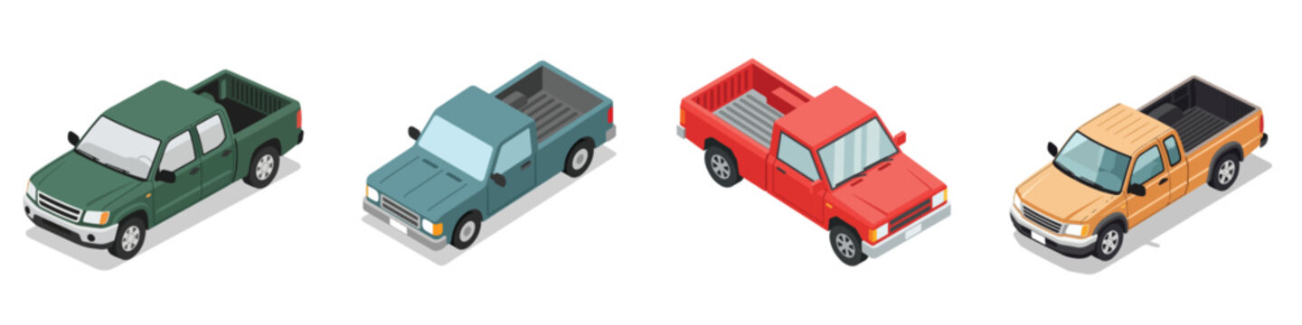 Set of four colorful isometric pickup trucks, green, blue, red, and yellow, isolated on a white background