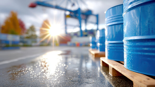 Blue oil drums in port storage on pallet with wet reflective surface at sunrise for logistics and supply chain advertising background