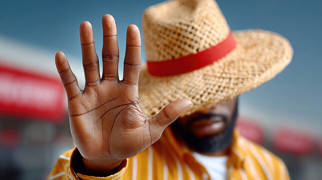 Closeup palm held toward camera by a straw hat street vendor to block approach for travel safety message and refusal awareness banner