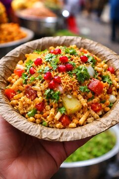 Fresh spicy bhel puri served in a rustic handmade leaf bowl featuring puffed rice mixed with chopped vegetables pomegranate seeds and savory crunchy noodles for an authentic snack