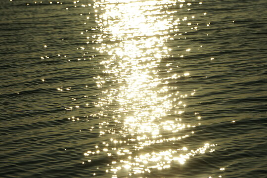 Sparkling golden sunlight reflections on the water surface. Shimmering waves at sunset creating a glitter effect.