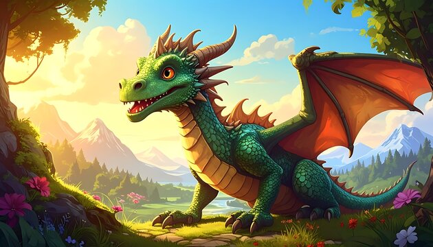 Cheerful, green, cartoon dragon sits in a vibrant meadow with mountains and trees in the background, under a sunny sky