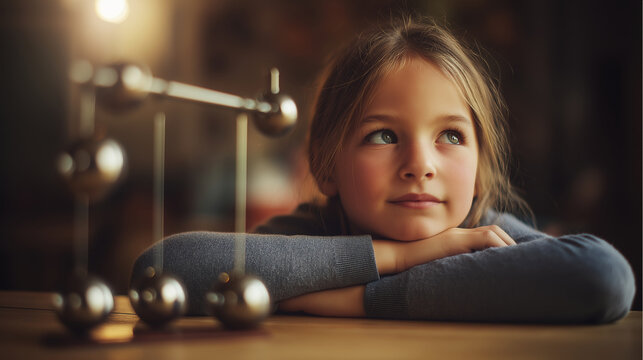 Young girl watching Newton's cradle, thinking and dreaming about science, physics, and discovery
