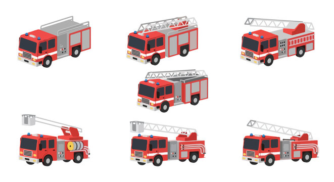 A comprehensive set of isometric fire engine illustrations, featuring diverse vehicle types and extendable ladders for emergency and rescue themes