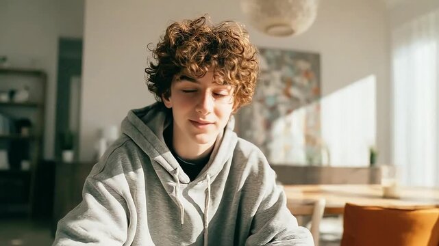 A young man with curly hair enjoys a moment of peace and contemplation, bathed in warm sunlight. Ideal for lifestyle content, promoting wellness, or i
