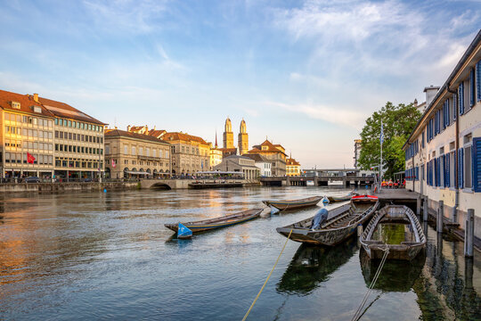 Sunset view of Grossm�nster and Limmat river in Zurich in summer